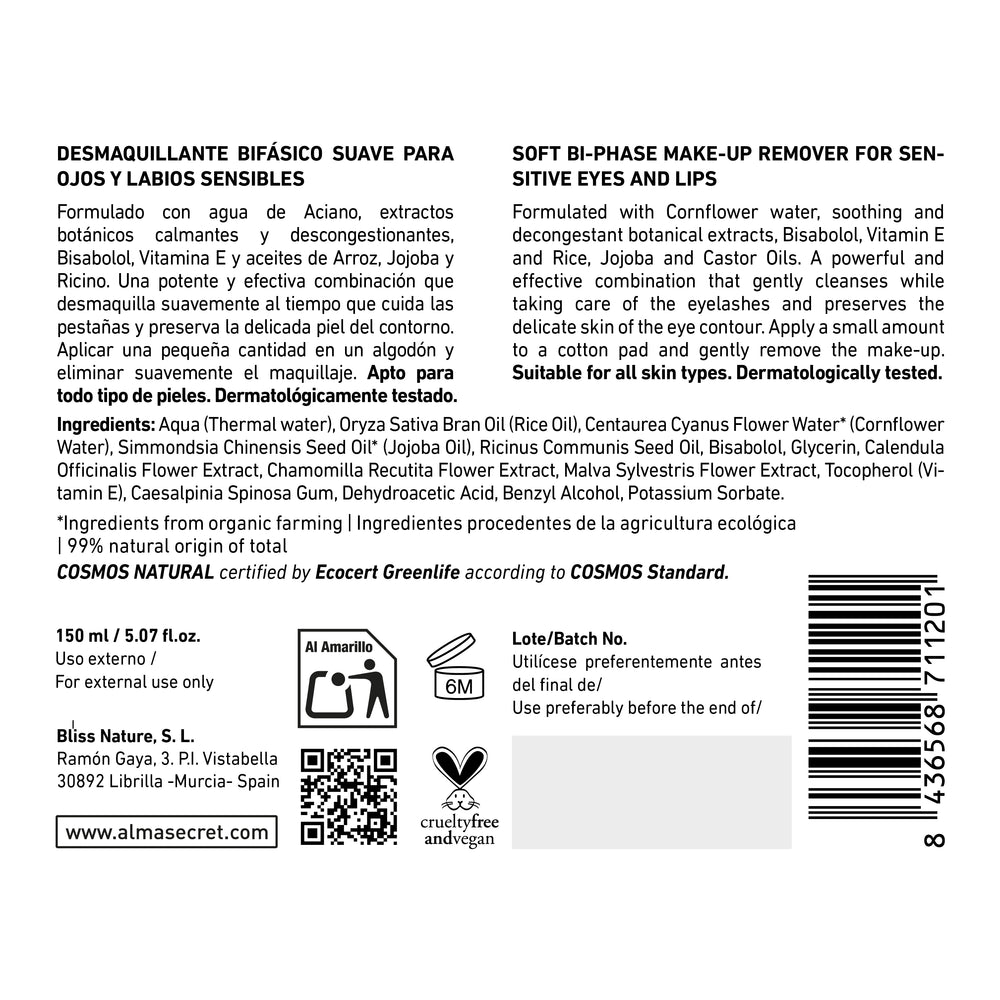 Sanfter wasserfester Augen-Make-up-Entferner - Provitamin B5, Kornblume &amp; Jojoba - 150 ml - Alma Secret - 1