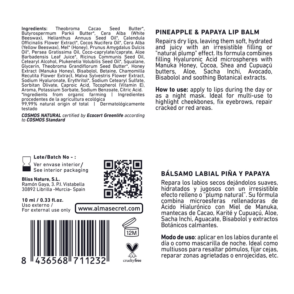 Reparierender Lippenbalsam - Inca Inchi &amp; Manukahonig Ananas &amp; Papaya - 10 ml - Alma Secret - 1