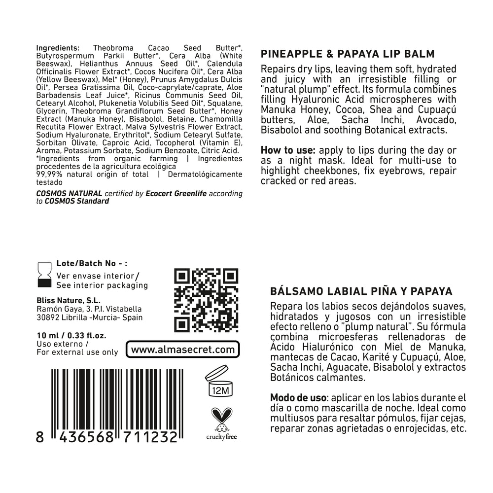 Reparierender Lippenbalsam - Inca Inchi &amp; Manukahonig Ananas &amp; Papaya - 10 ml - Alma Secret - 1
