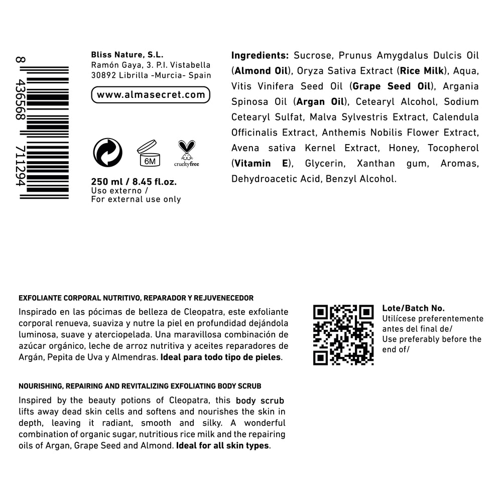 Cleopatra Body Scrub - Reismilch, Sandelholz und Vanille - 250 ml - Alma Secret - 1